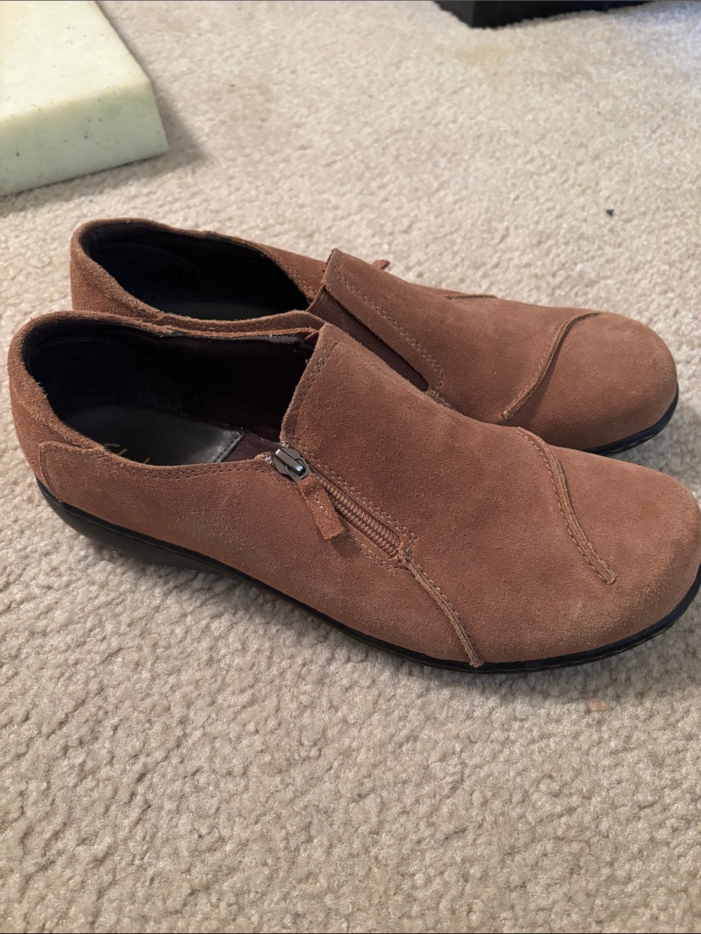 Clarks Women's Chestnut Suede Slip-On Loafers with Side Zip
